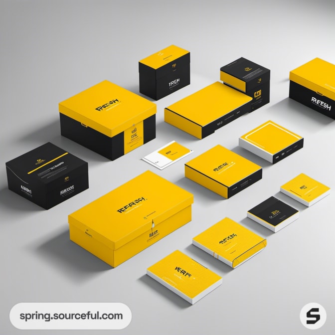 Collection of yellow and black packaging boxes.