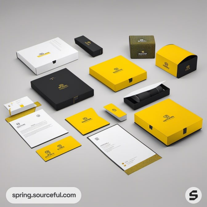 Various yellow and white packages with stationary.