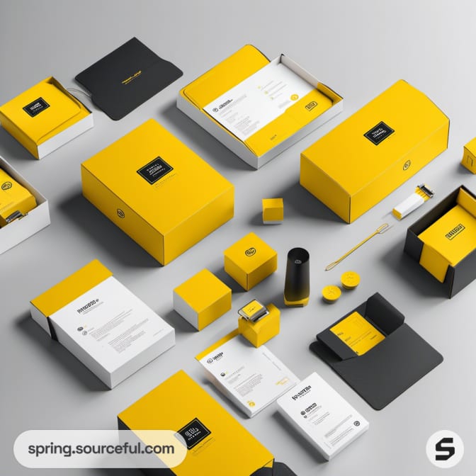 Yellow and white packaging with gift boxes and documents.