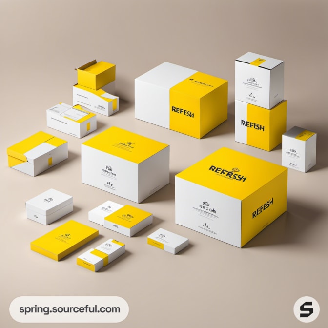 Yellow and white branded packaging collection.