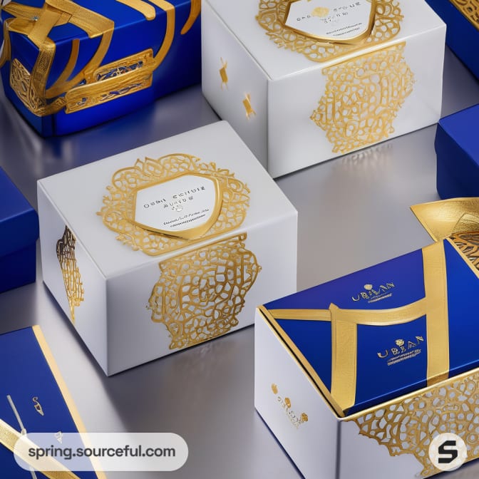 Blue and gold luxury box packaging with intricate gold patterns.