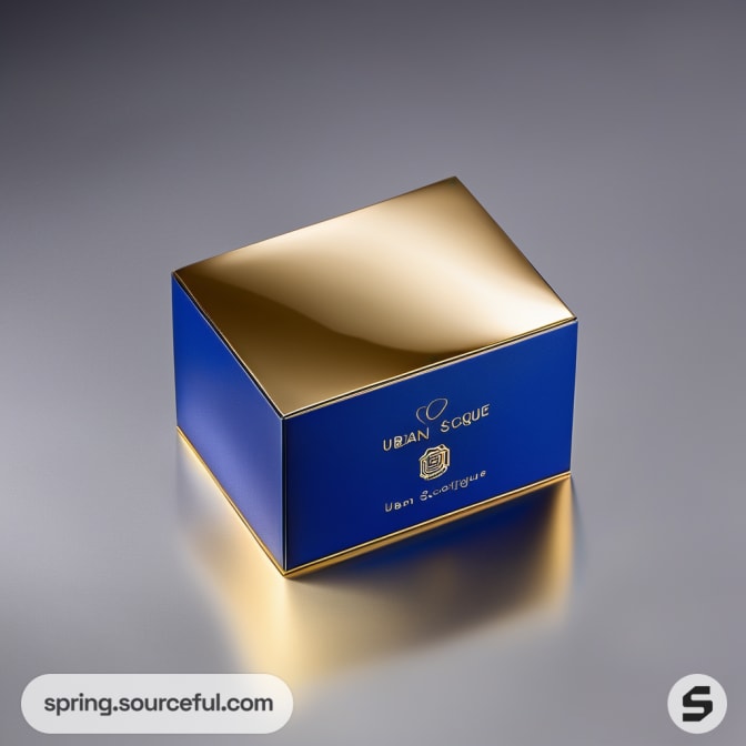 Matte blue and glossy gold box with elegant design.
