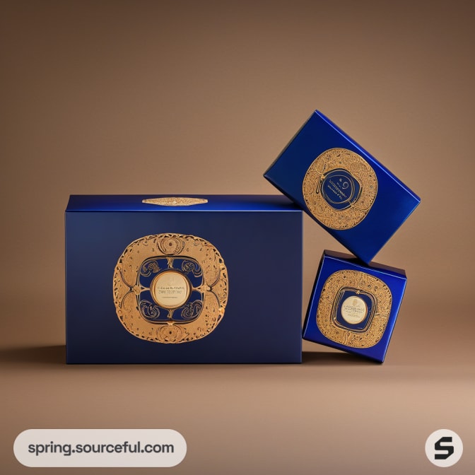 Blue box with gold detailing on brown background.