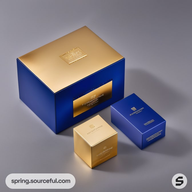 Gold and blue boxes with minimalistic design on grey surface.