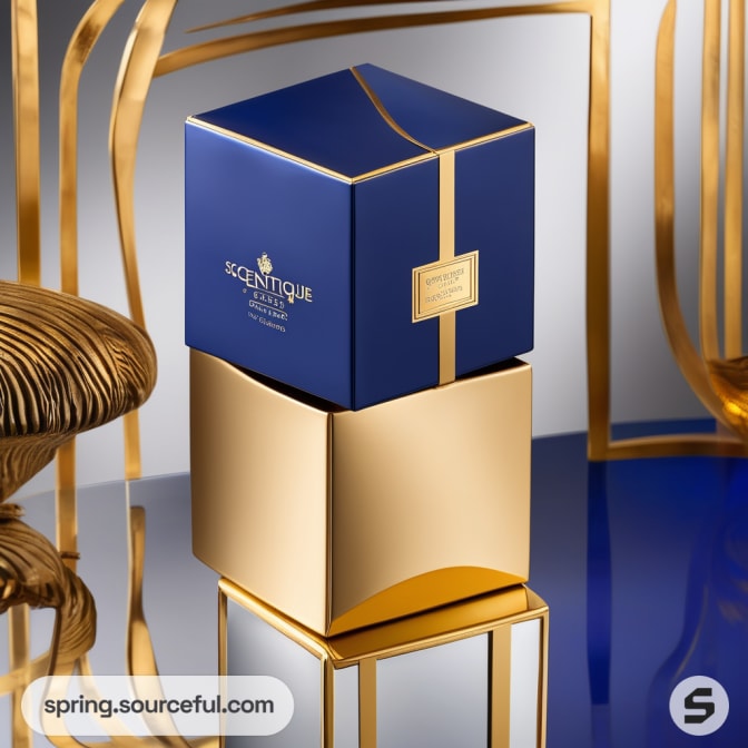 Stacked blue and gold cube boxes with elegant detailing.