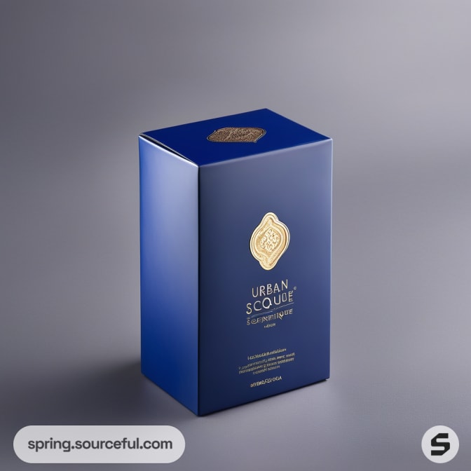 Tall matte blue box with gold emblem and text.