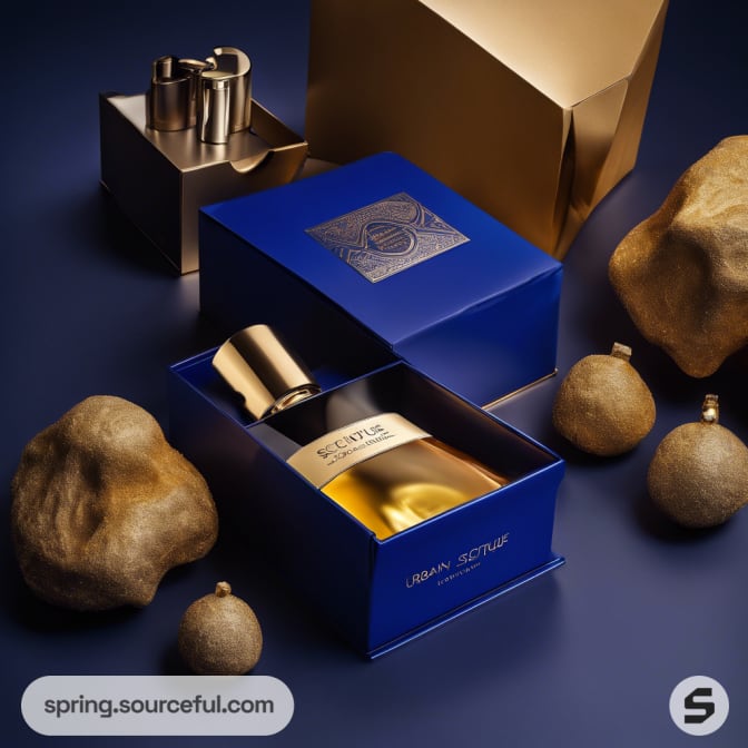 Open blue box revealing a perfume bottle with gold cap.