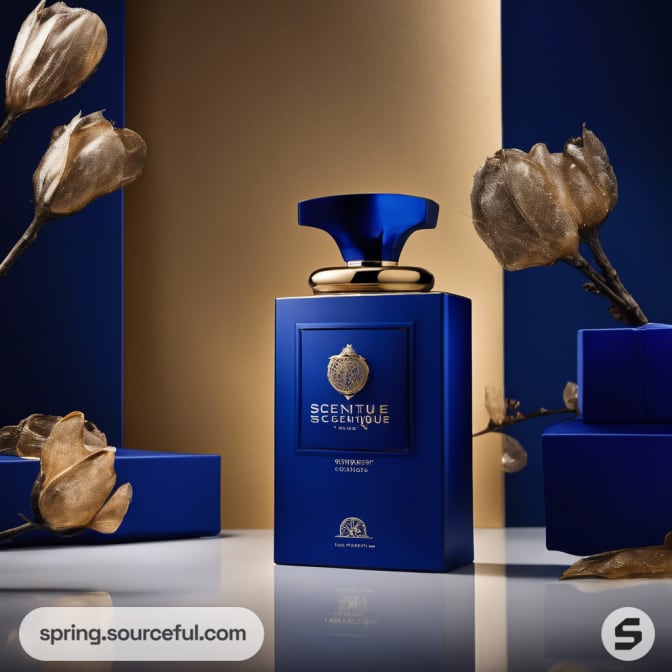 Blue perfume bottle with ornate gold cap and detailing.