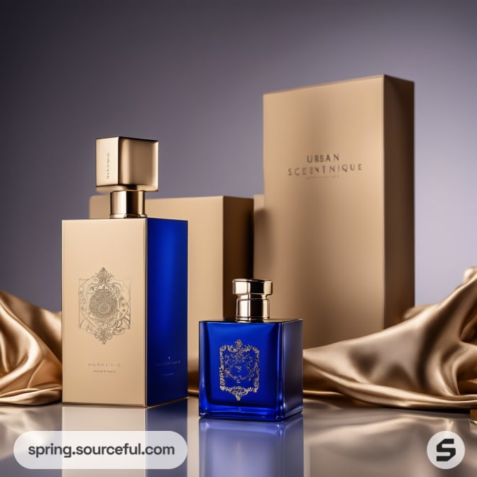 Two elegant perfume bottles in blue and gold with silky fabric.