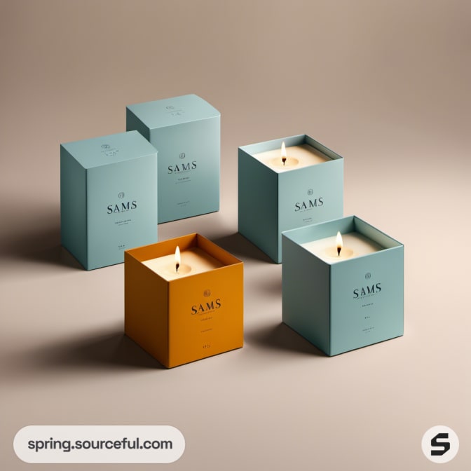 Five candles with teal and orange boxes on beige background.