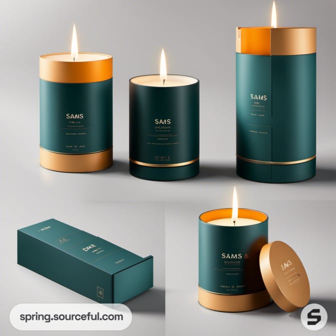 Three green and gold cylindrical candles with packaging.