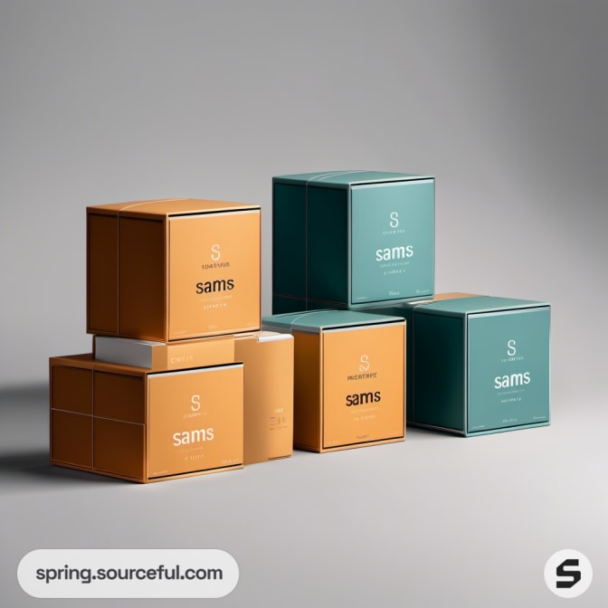 Stacked orange and teal square boxes on gray background.
