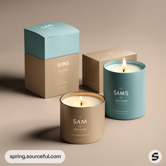Two candles with matching beige and teal packaging.