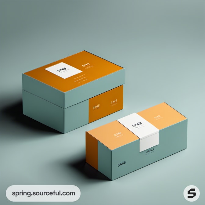 Two rectangular boxes in orange and teal on green surface.