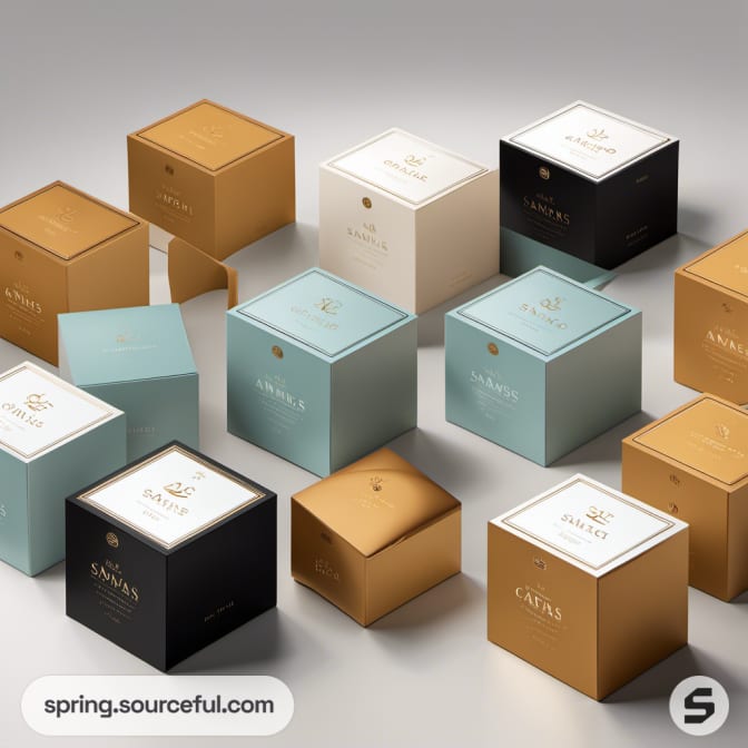Assorted colorful square boxes with various shades and patterns.