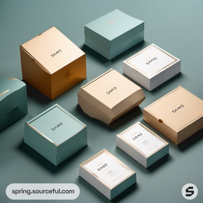 Assorted packaging boxes in teal, orange, and beige colors.