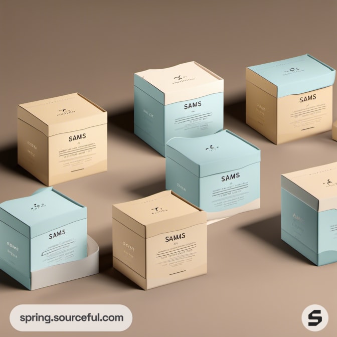 Pastel blue and beige boxes arranged on beige surface.