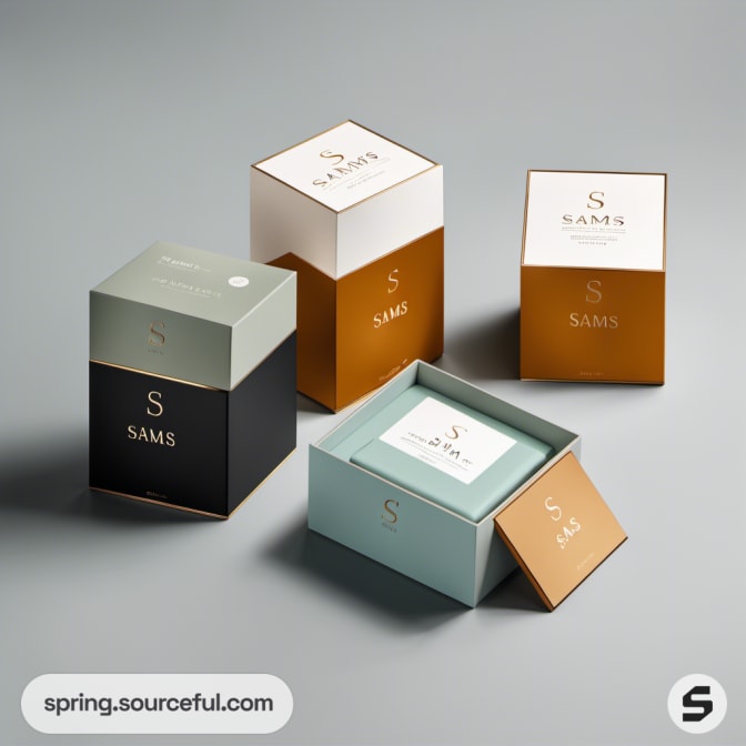 Assorted elegant boxes in black, teal, and gold on gray table.