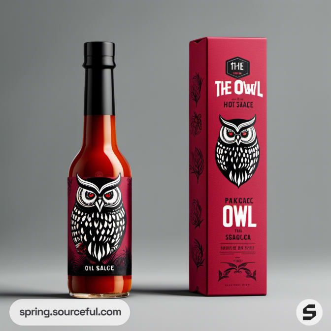 Bottle of hot sauce with owl design and matching box packaging.