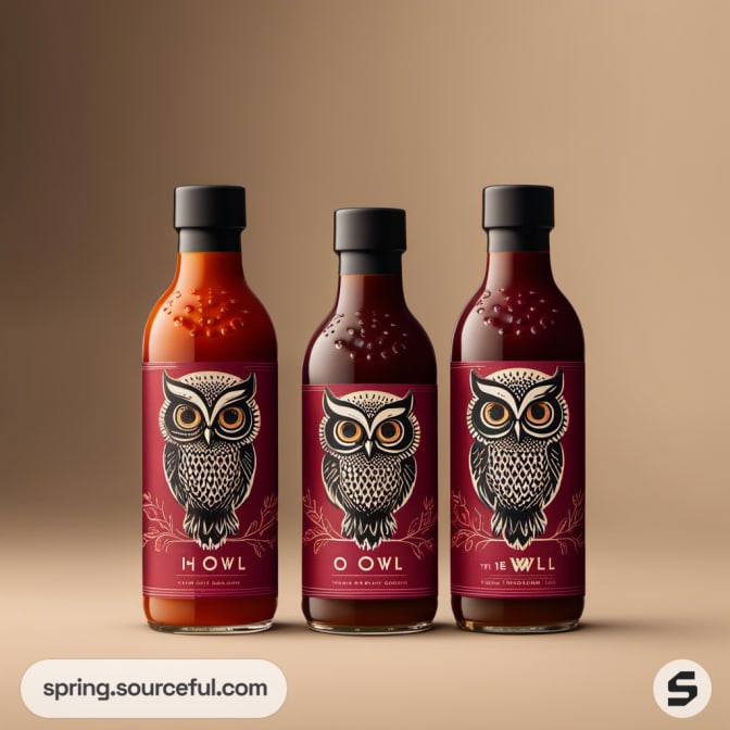 Three bottles of hot sauce with owl labels in varying designs.