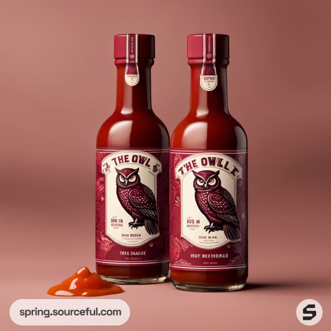 Two bottles of owl-themed hot sauce with arrows and vintage labels.