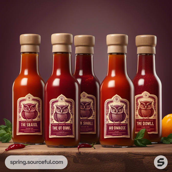 Five hot sauce bottles with owl labels in ornate frames.