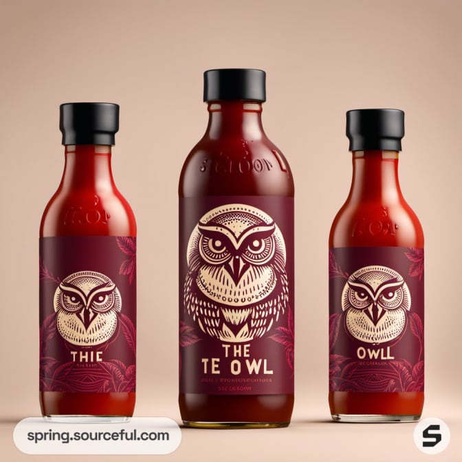 Three bottles with bold owl design on dark labels.