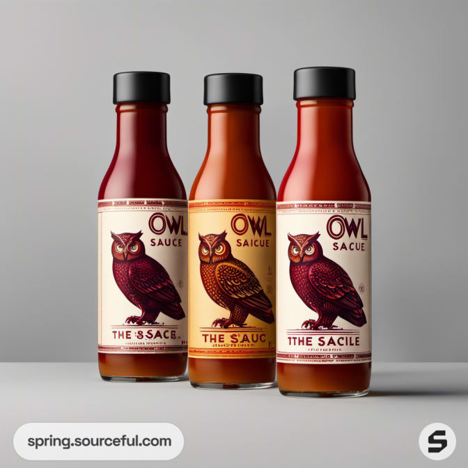 Three hot sauce bottles with vintage-style owl illustrations.