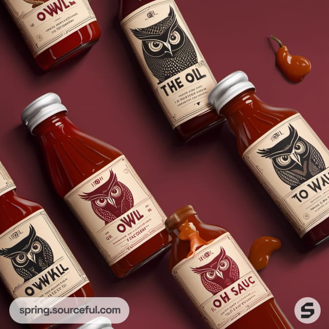 Assorted owl-themed sauce bottles with red labels on burgundy background.