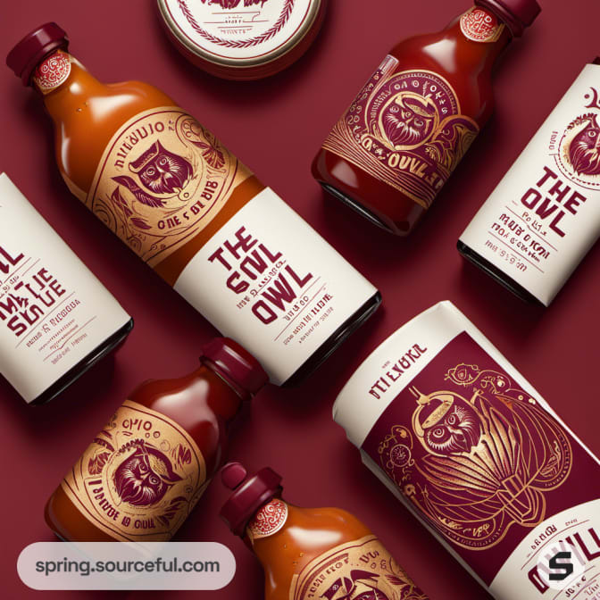 Variety of owl-themed hot sauce bottles with intricate label designs.