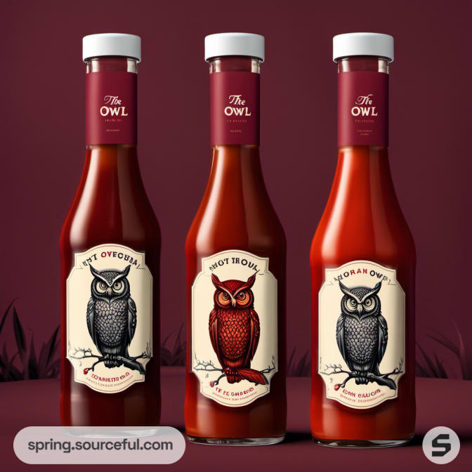 Three hot sauce bottles with owl designs on red backdrop.