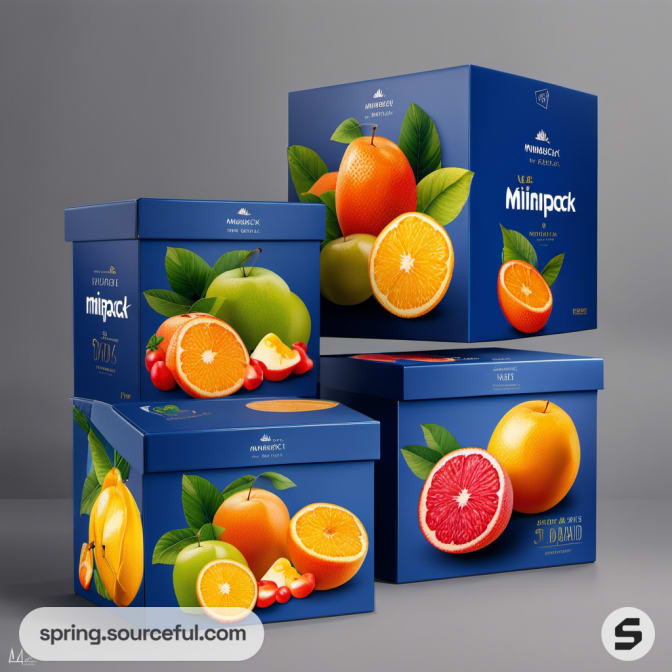 Blue mailer boxes featuring bright fruit illustrations and a stackable design.