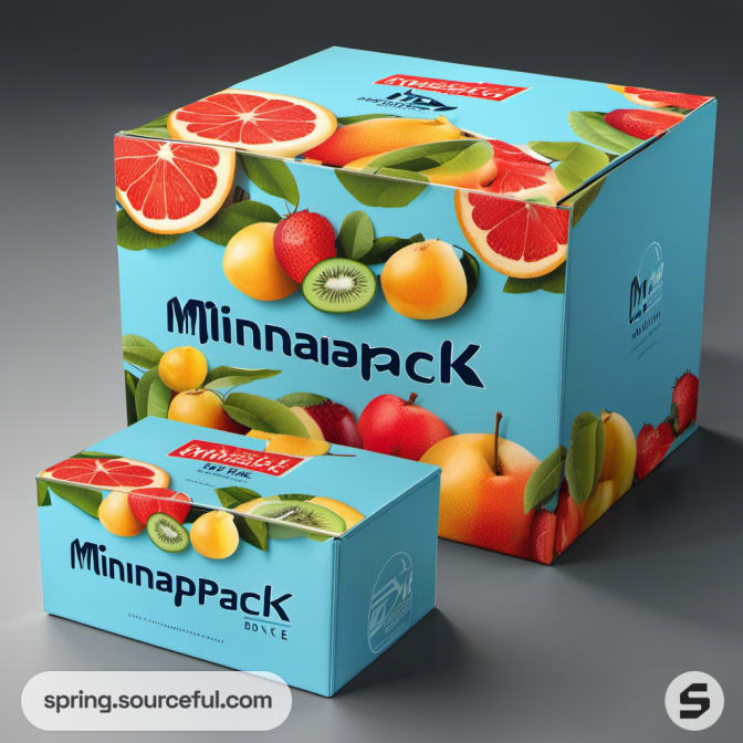 Colorful fruit graphics on blue mailer boxes with varied fruit designs.