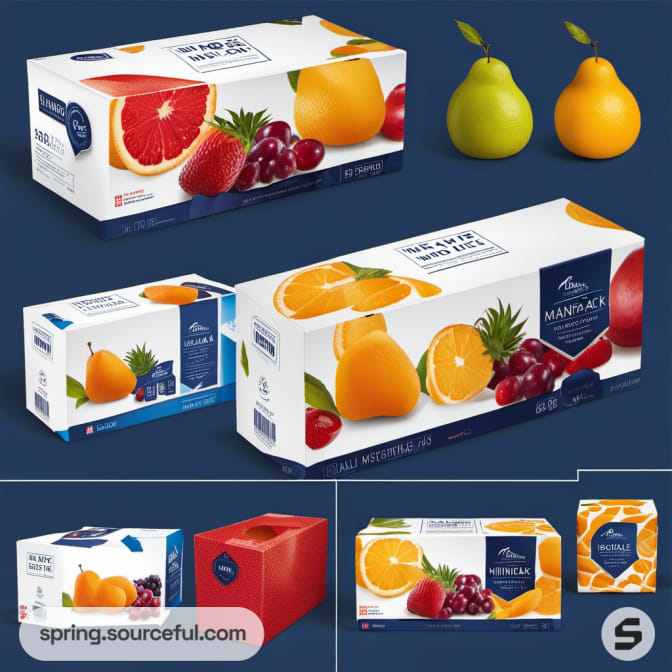 White and colorful fruit-themed packaging on rectangular boxes with varied fruits.