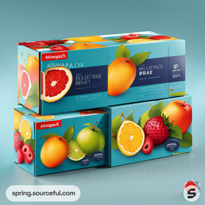 Teal mailer boxes with large fruit graphics on colorful backgrounds.