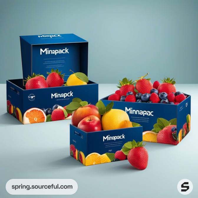 Blue mailer boxes with fruit graphics in various sizes, displaying fresh fruit imagery.