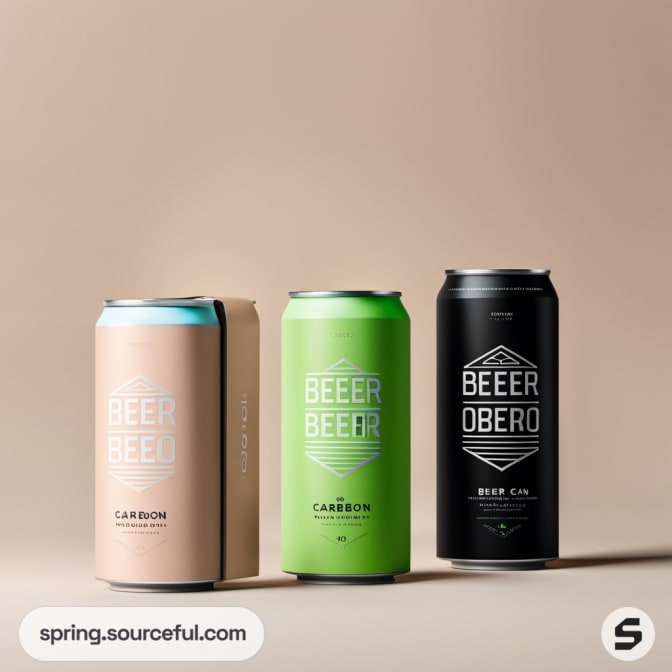 Three beer cans in beige, green, and black on a neutral background.