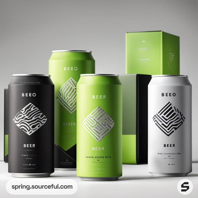 Beer cans and boxes in green, black, and white with geometric designs.