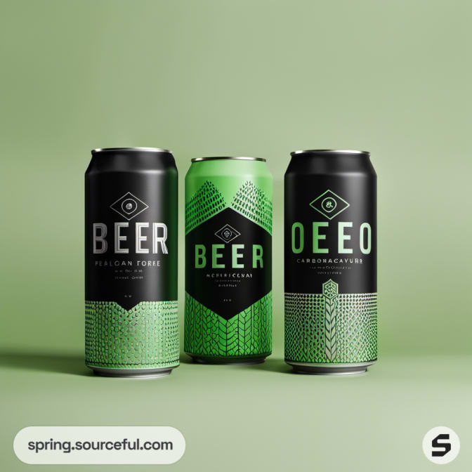 Three beer cans in black and green with geometric patterns.