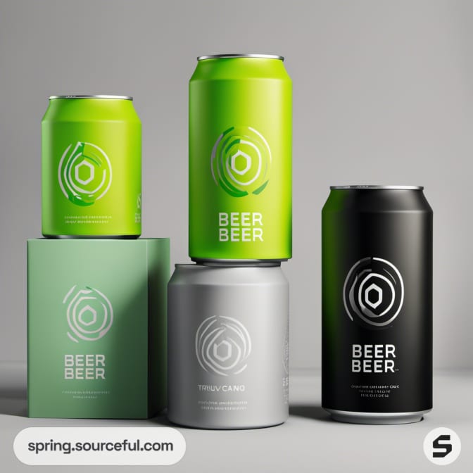 Stacked green, black, and gray beer cans with matching boxes.