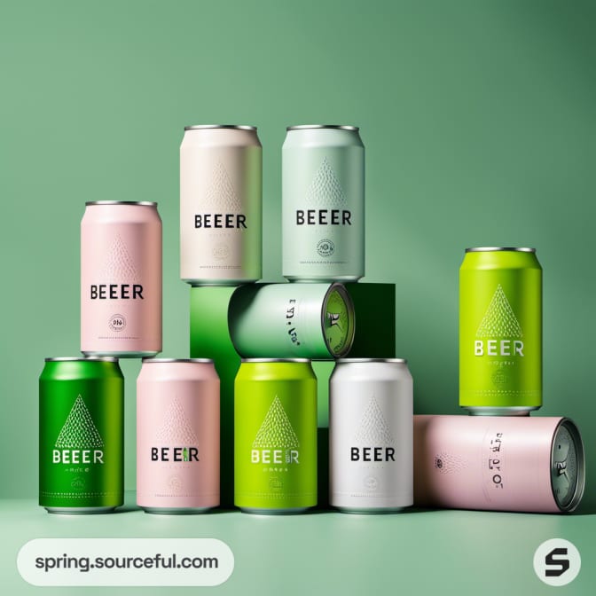 Assorted pastel and green beer cans stacked stylishly.