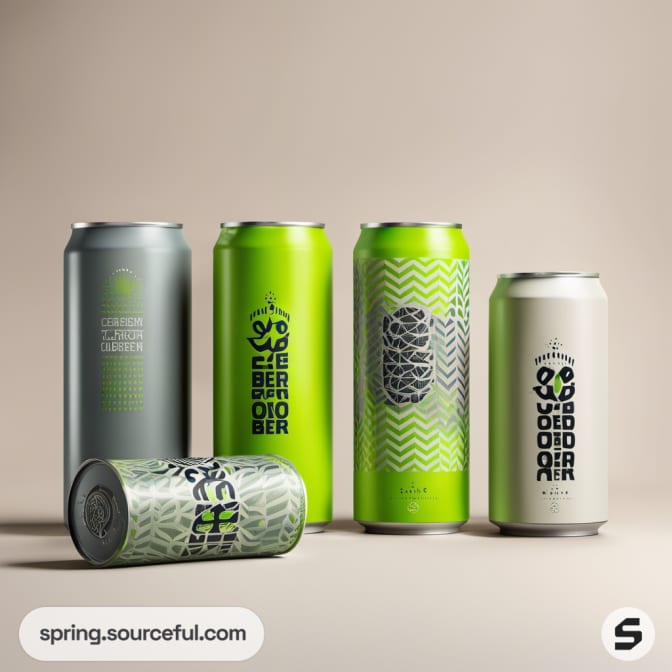 Five colorful beer cans with abstract patterns on a beige background.