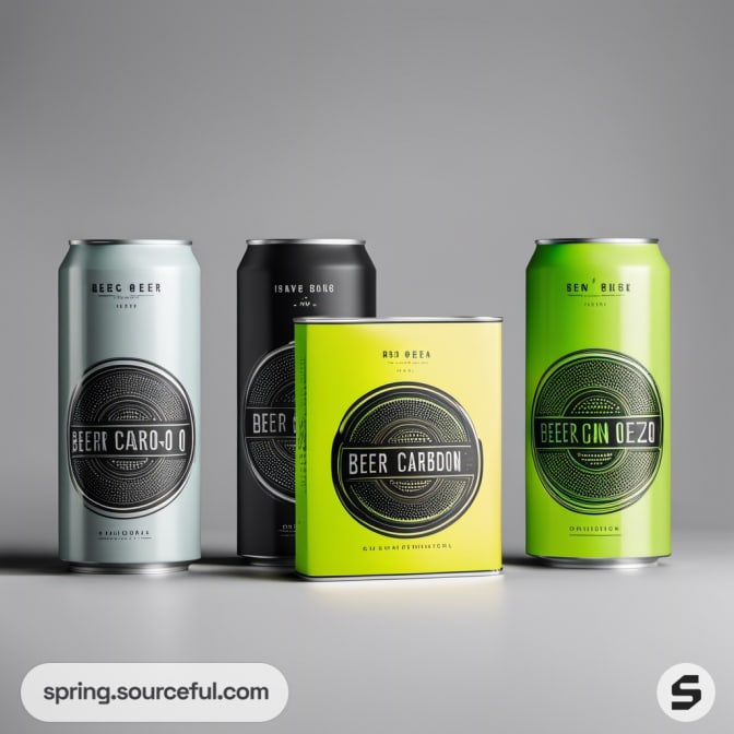 Beer cans and a square tin in pastel and green tones on gray.