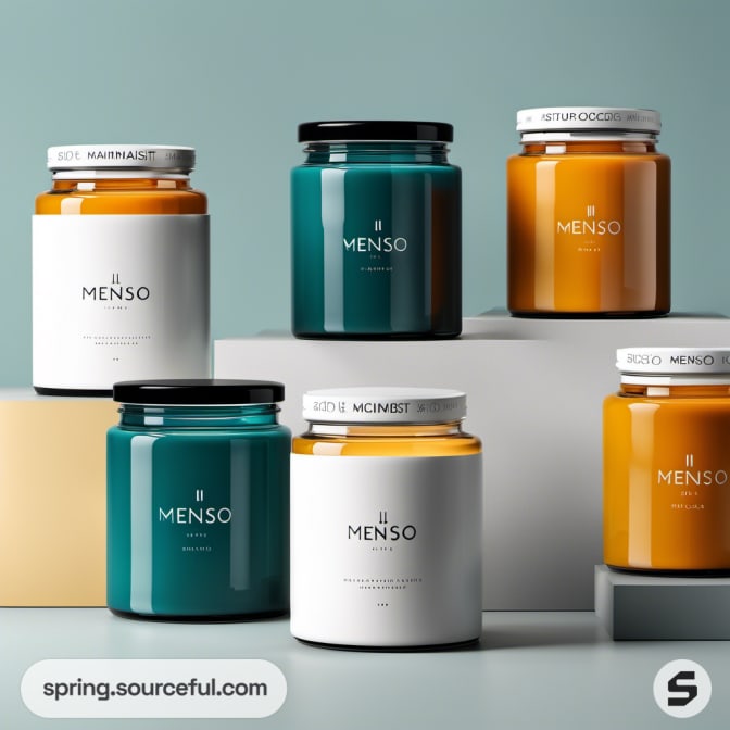 Various colored Menso jars on display with teal and orange hues.