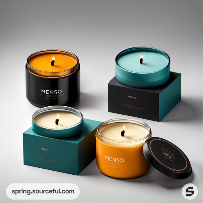 Four Menso candles in black and teal tins with matching boxes.
