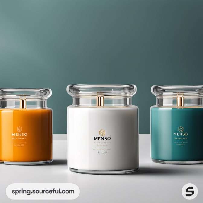 Three glass-jarred candles in teal, white, and orange on a table.