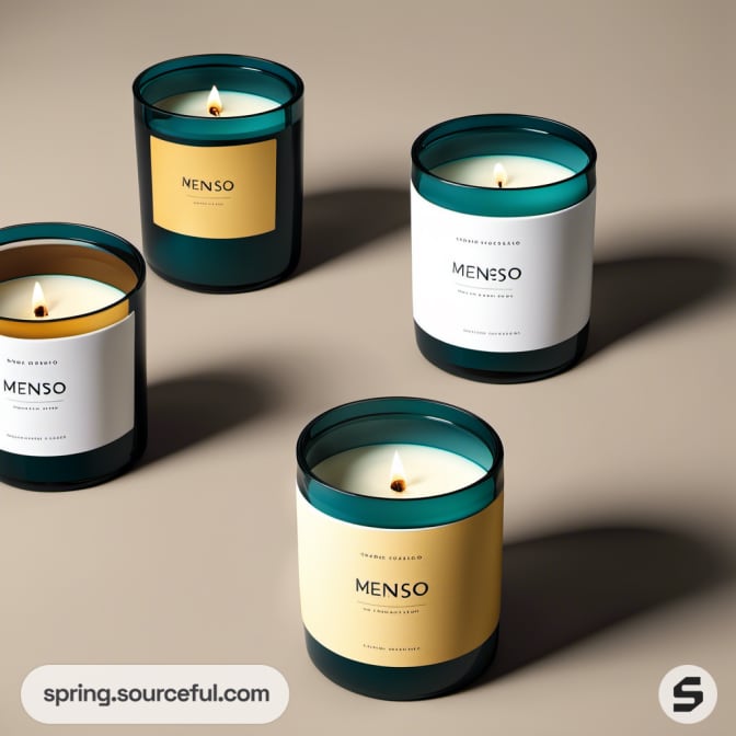 Four teal and yellow Menso candles in teal glass jars.