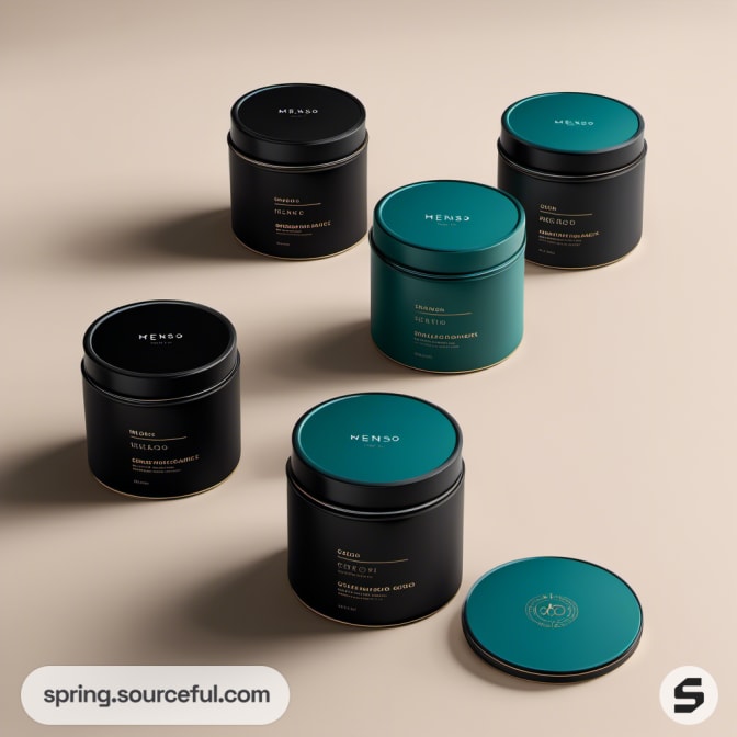 Black and teal Menso candle jars with lids on a beige background.