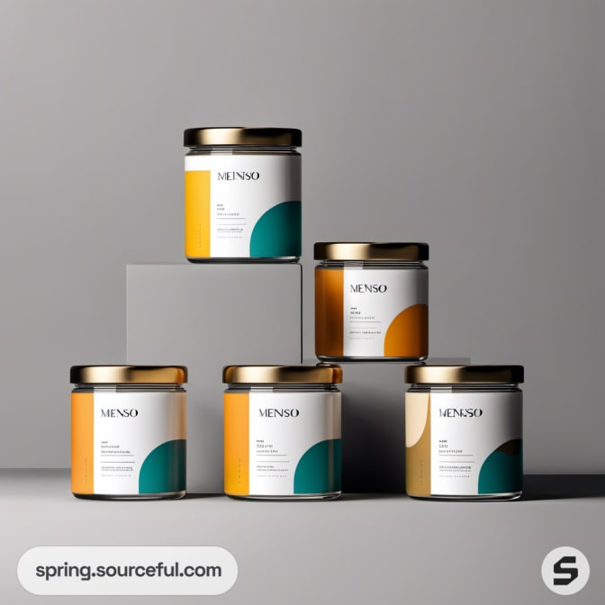 Five small Menso jars on levels with geometric designs.