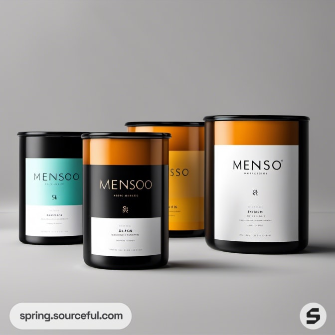 Four Menso candles in black jars with teal and mustard labels.